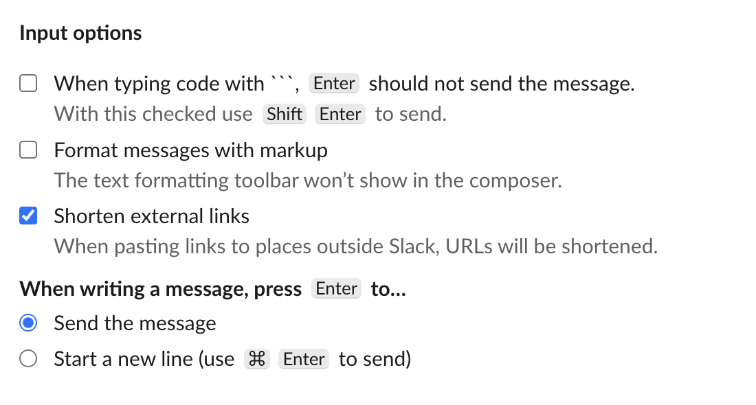 Slack Preferences, Advanced, Input options with Format messages with markup and its note about the toolbar