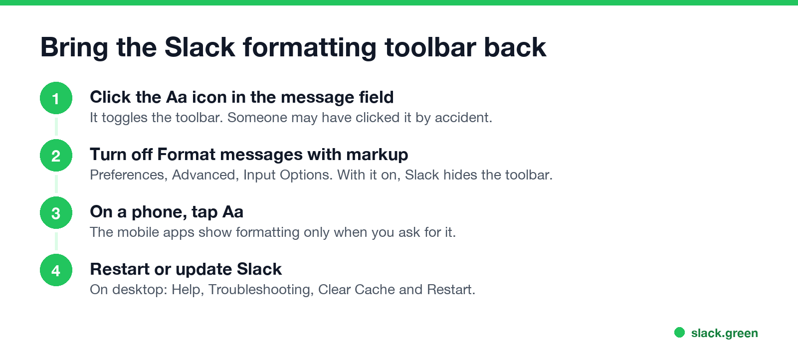 Bring the Slack formatting toolbar back: click the Aa icon, turn off Format messages with markup, tap Aa on a phone, restart or update Slack