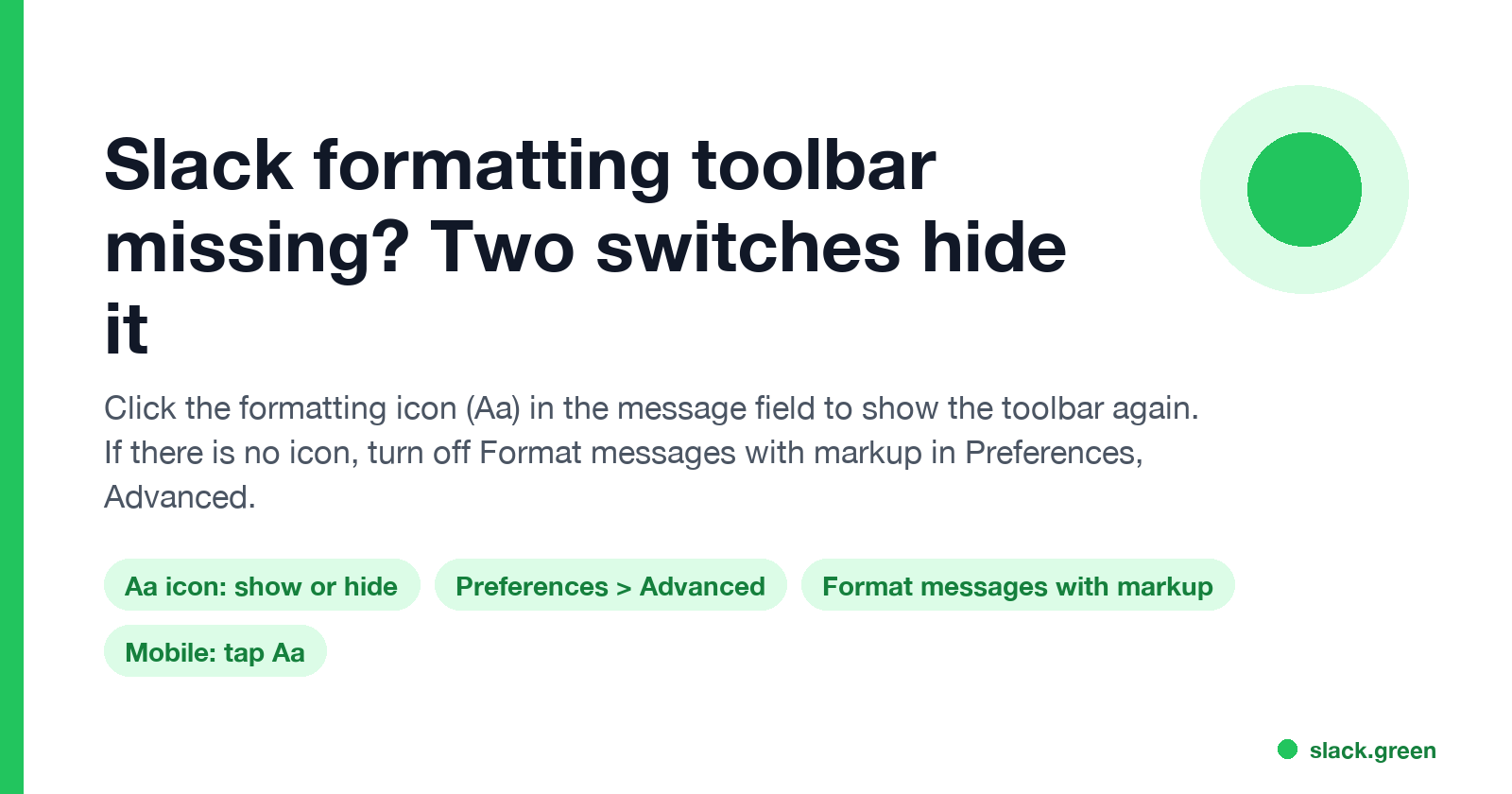Slack formatting toolbar missing: click the Aa icon, or turn off Format messages with markup in Preferences, Advanced