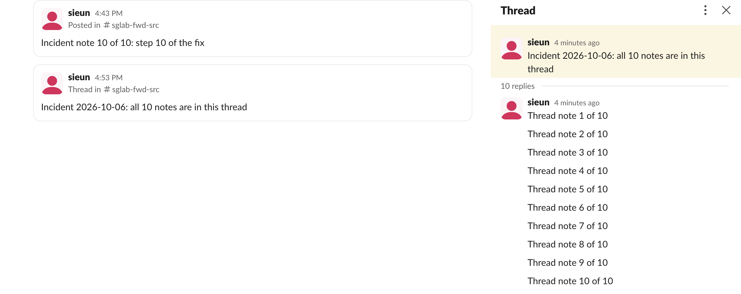 Left: the forwarded parent in the target channel, labelled Thread in #sglab-fwd-src, under a normal forwarded message labelled Posted in. Right: the thread panel that opened from it, with the parent and all ten replies