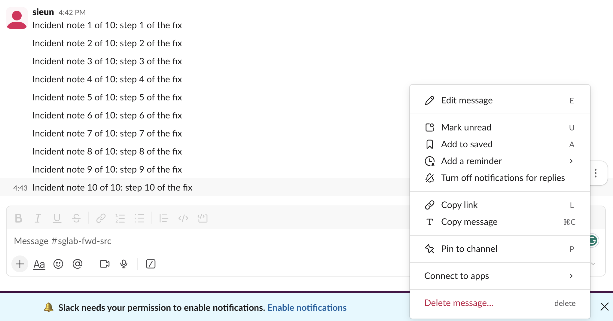 The More actions menu of a Slack message next to ten test messages: Edit message, Mark unread, Add to saved, Add a reminder, Turn off notifications for replies, Copy link, Copy message, Pin to channel, Connect to apps, Delete message, and no Select option