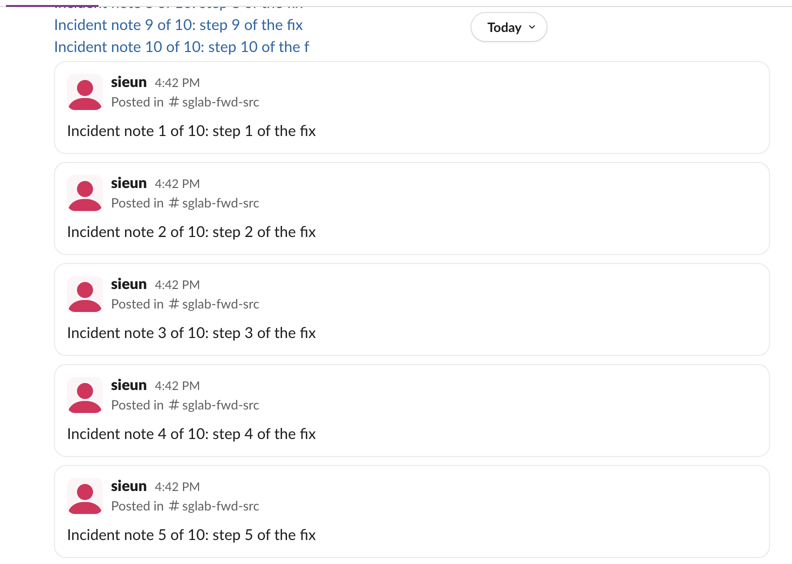 The script's post in Slack: the list of ten links, followed by preview cards for incident notes 1 to 5 only