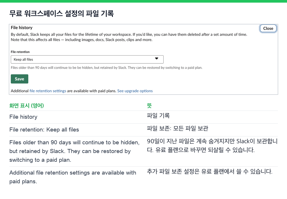 Slack 무료 워크스페이스의 파일 기록 설정. 파일 보존은 모든 파일 보관이고, 90일이 지난 파일은 계속 숨겨지지만 Slack이 보관하며 유료 플랜으로 바꾸면 되살릴 수 있다는 안내가 있다
