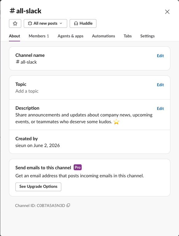 The About tab of the all-slack channel with Channel name, Topic, Description and Created by, and no Leave channel button
