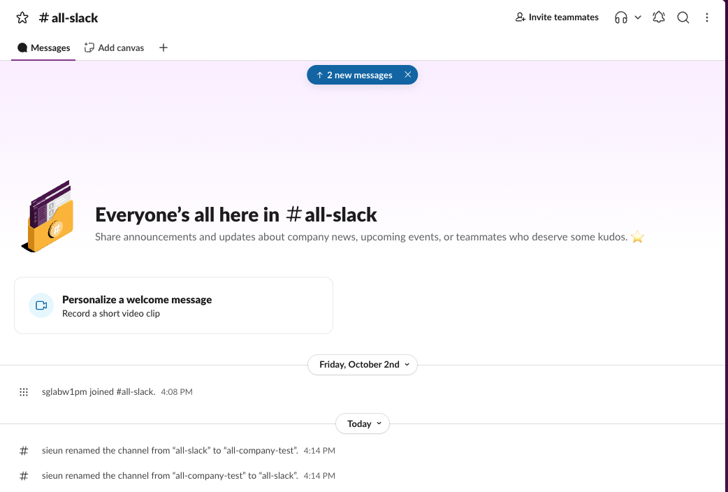 Two lines in the general channel: sieun renamed the channel from all-slack to all-company-test, then from all-company-test back to all-slack