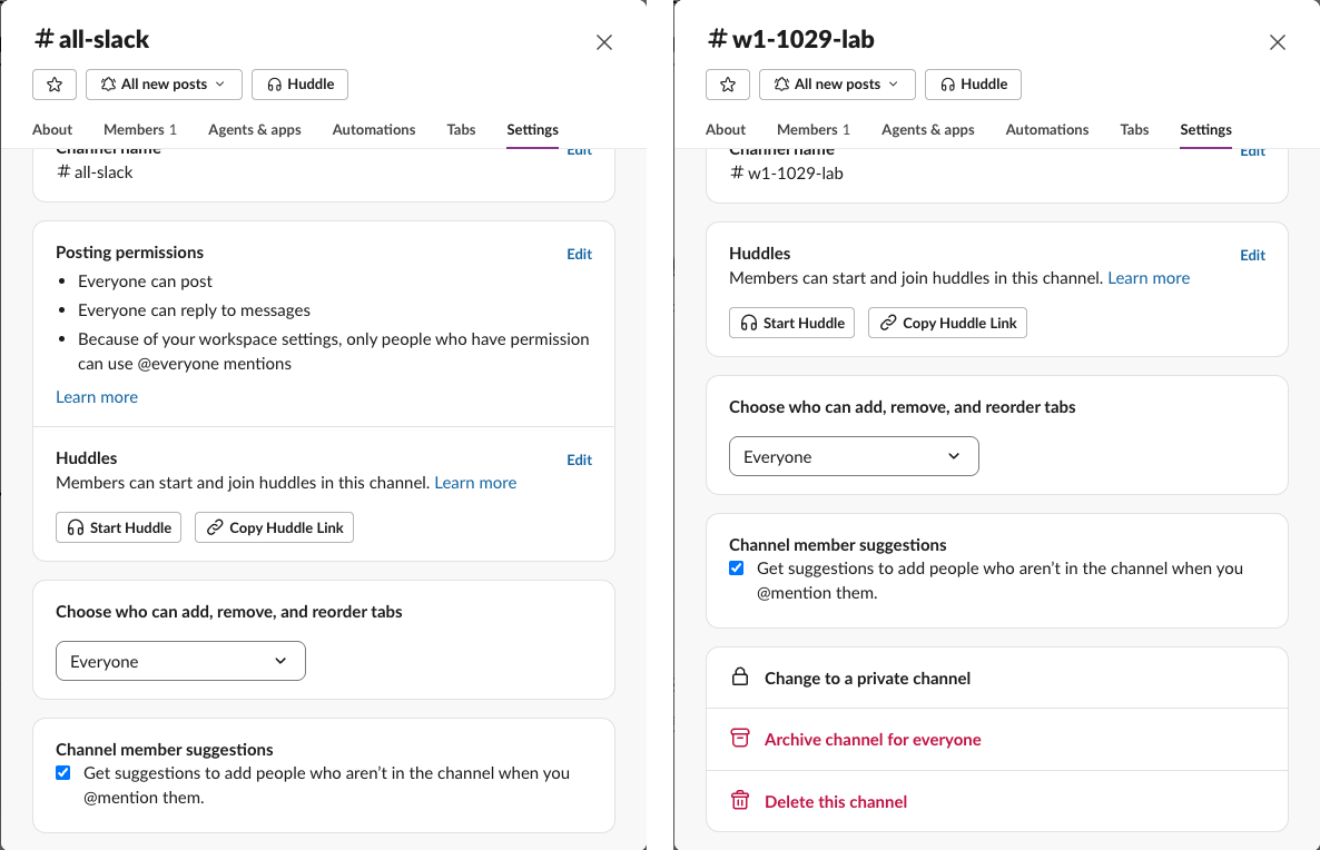 Channel settings side by side: all-slack has Posting permissions and no archive or delete options, while a normal channel has Change to a private channel, Archive channel for everyone and Delete this channel