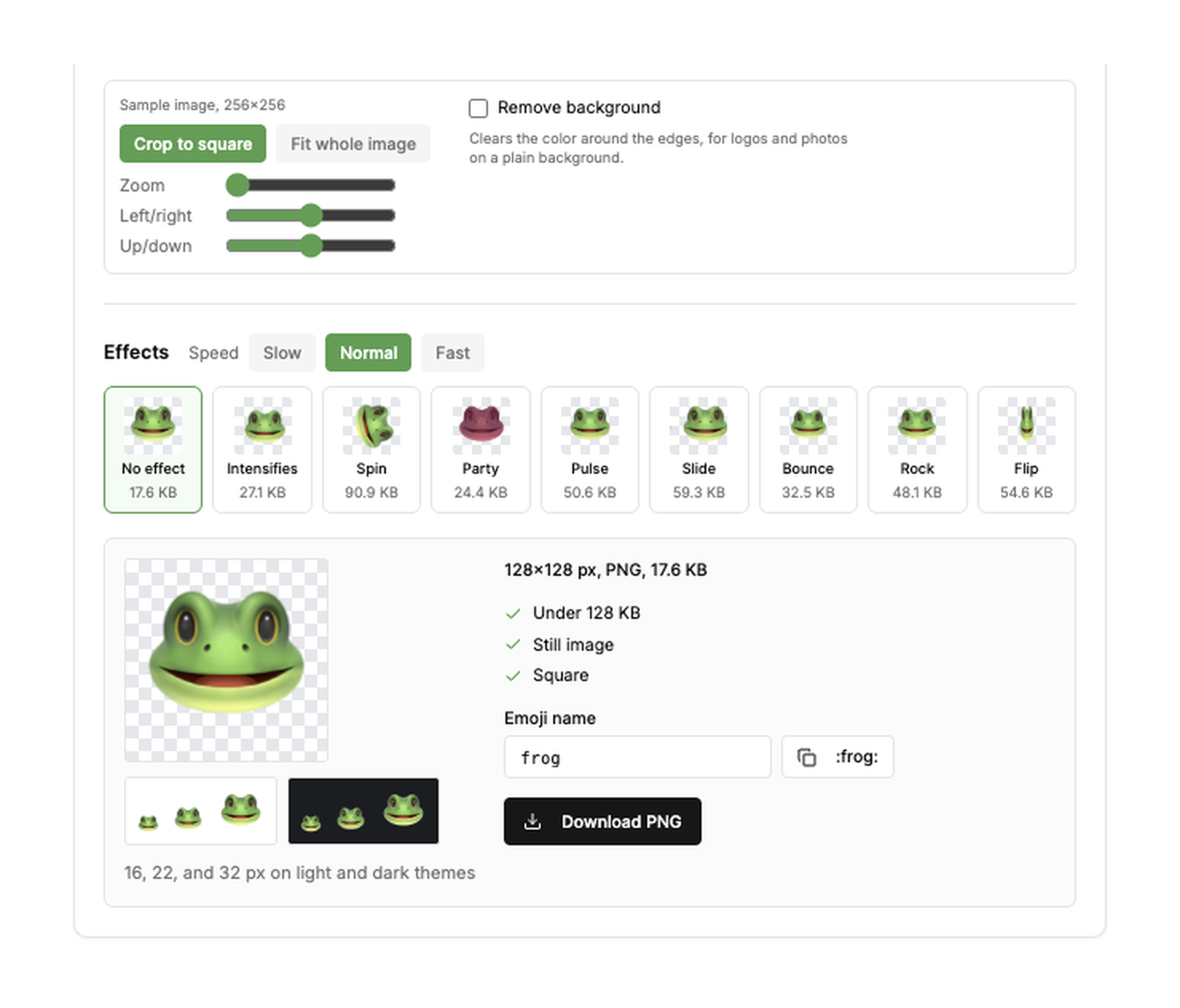 The Slack emoji maker on slack.green with a sample image: crop, remove background, and nine effects, each with its real file size