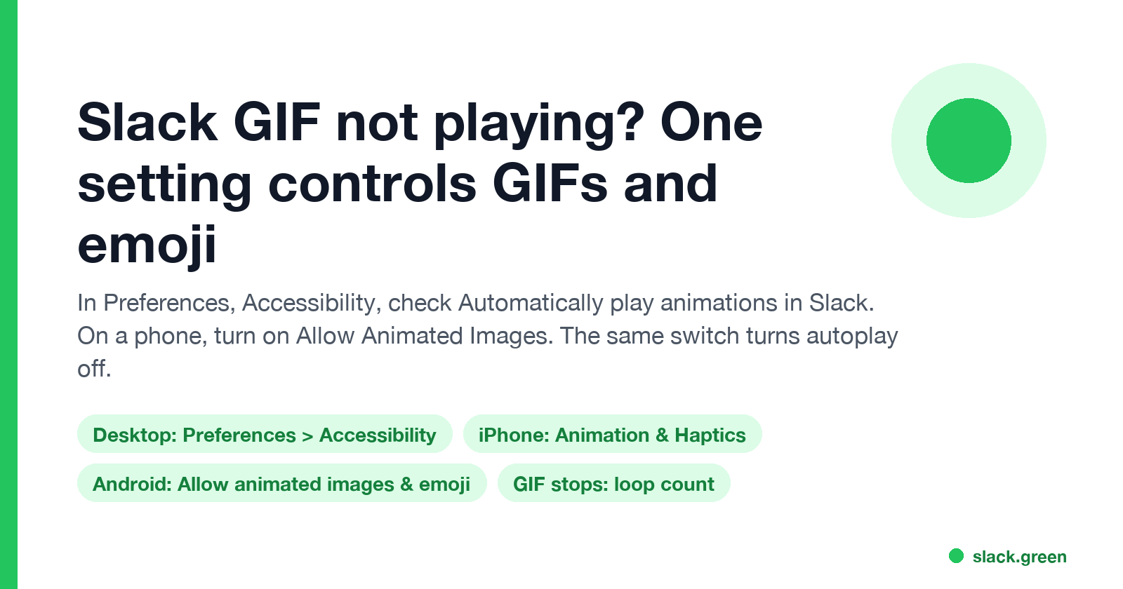 Slack GIF not playing: one setting controls GIFs and emoji, Preferences Accessibility on desktop, Animation and Haptics on iPhone