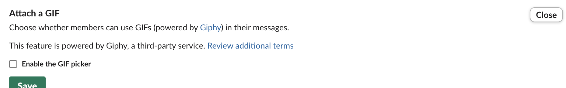 Slack admin Settings and permissions: the Attach a GIF section with the Enable the GIF picker checkbox, unchecked