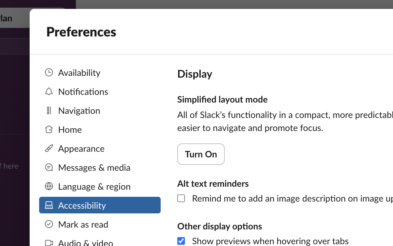 Slack Preferences, Accessibility, Other display options: the Allow animations checkbox, which applies to emoji animation, GIFs, and reactions and effects in huddles