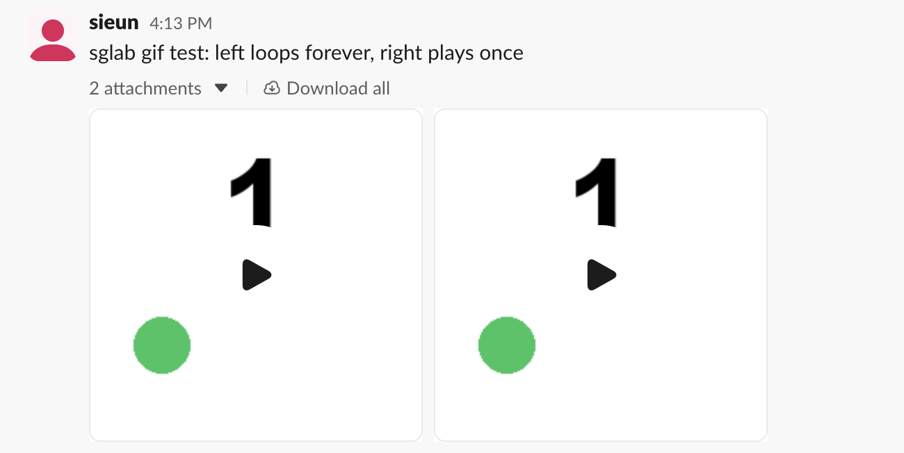 Two GIFs in a Slack message with Allow animations unchecked: each shows its first frame with a black play button