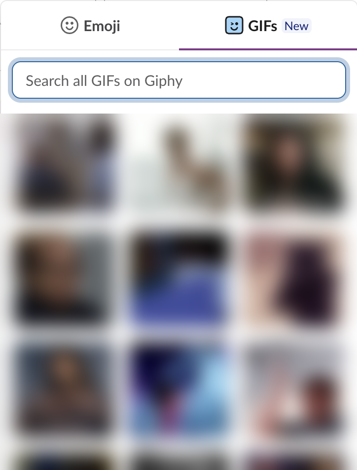 Slack message box picker with the Emoji and GIFs tabs and a Search all GIFs on Giphy box; GIF results blurred