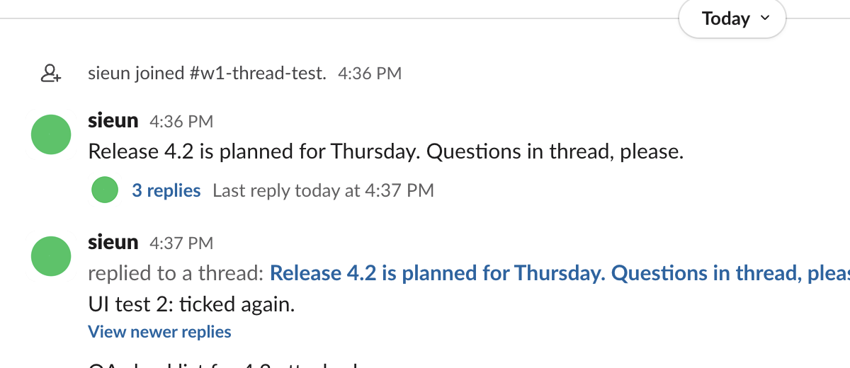 Messages in the channel w1-thread-test with the GIF photo as a small still green circle next to each of our messages