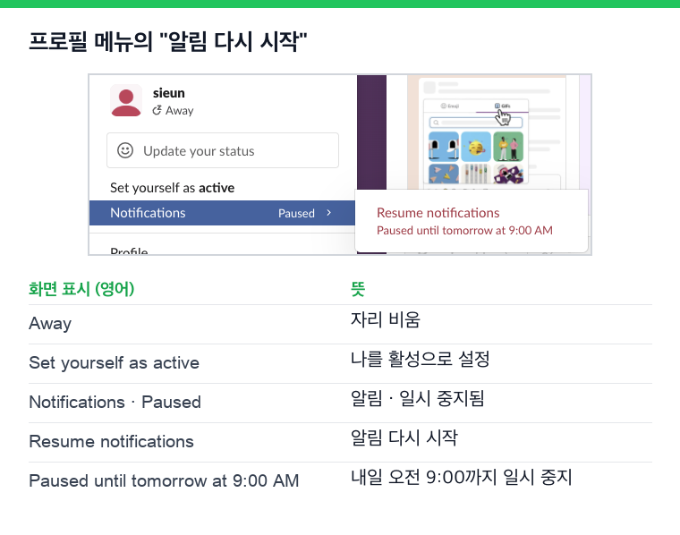 영어로 표시된 Slack 프로필 메뉴와 뜻. Away, Set yourself as active, Notifications Paused, 하위 메뉴의 Resume notifications와 Paused until tomorrow at 9:00 AM