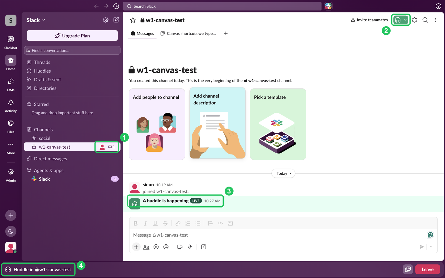 Slack web app during a huddle: 1) sidebar channel row with an avatar, headphones and the count 1; 2) green headphones button in the channel header; 3) 
