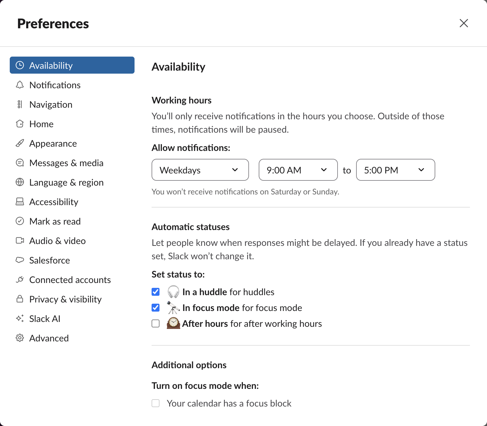 Slack Preferences, Availability: Automatic statuses with In a huddle for huddles and In focus mode ticked, After hours unticked