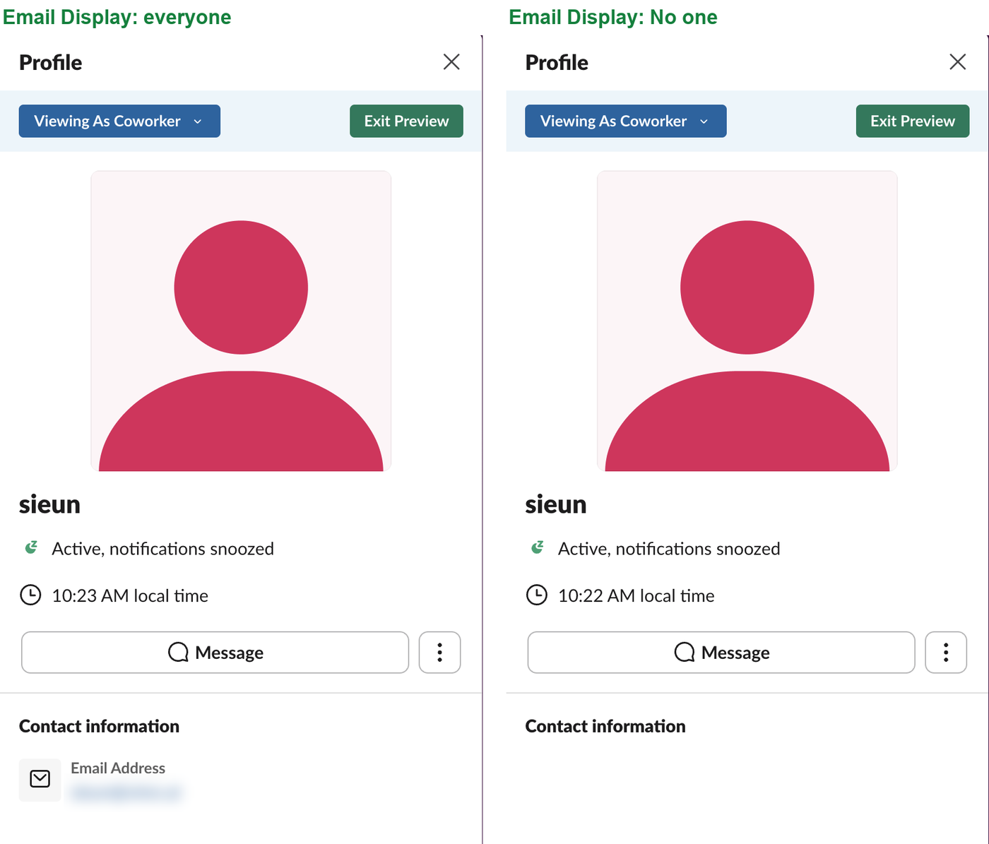 Two copies of the same Slack profile shown with View as Coworker. With Email Display set to everyone, Contact information lists an Email Address. With Email Display set to No one, Contact information is empty