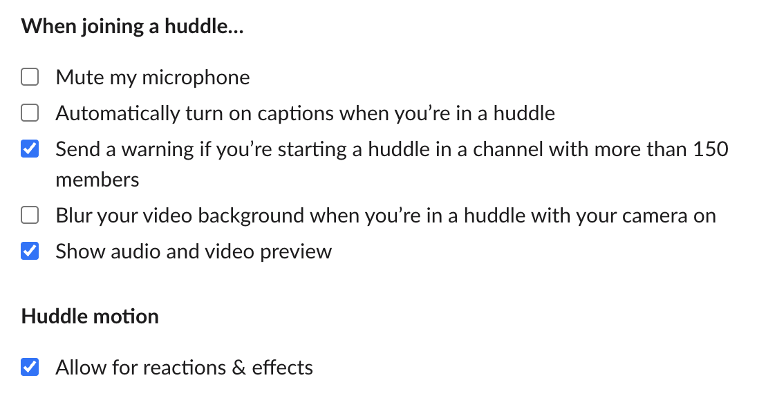 Slack Preferences, Audio and video: the When joining a huddle options, including Blur your video background when you're in a huddle with your camera on