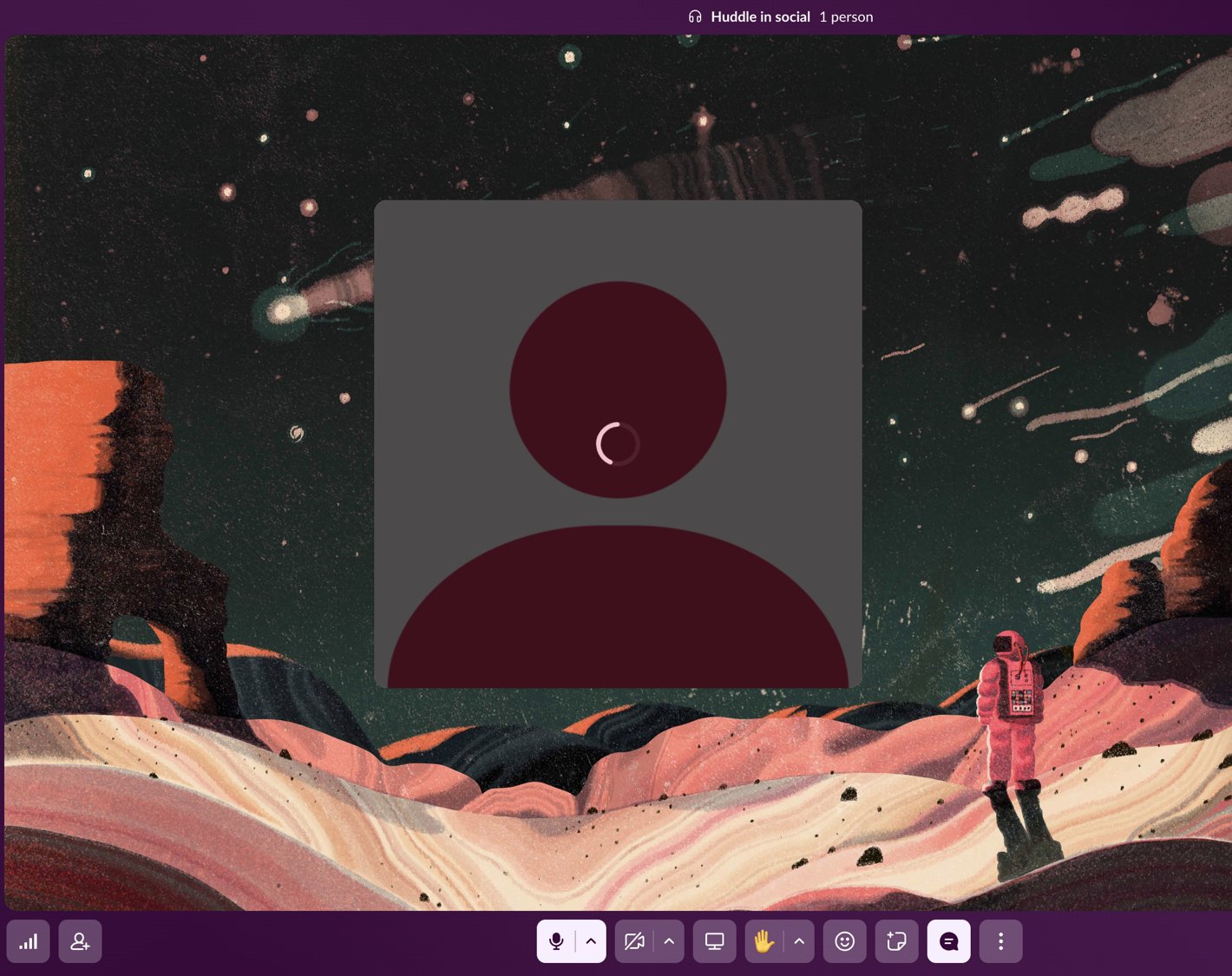 A Slack huddle window with the Stargazing theme behind the video tile, the thread panel on the right and the toolbar at the bottom