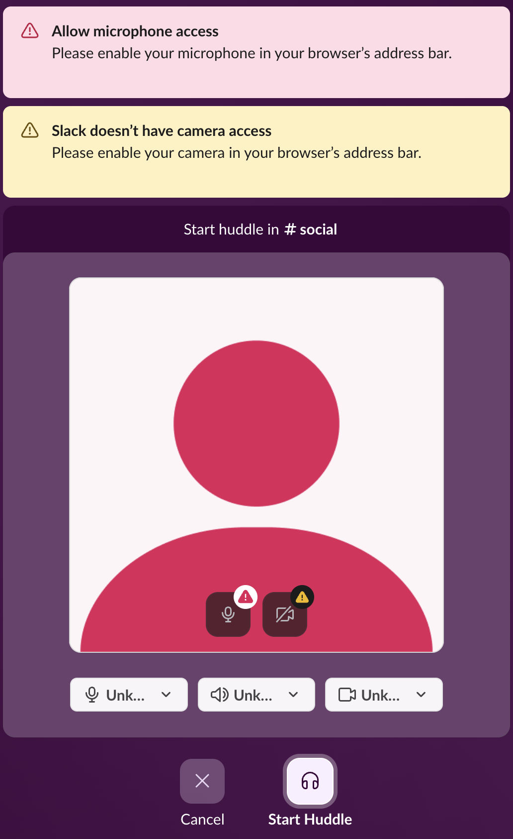 Slack huddle preview with the warnings Allow microphone access and Slack doesn't have camera access, Please enable your camera in your browser's address bar
