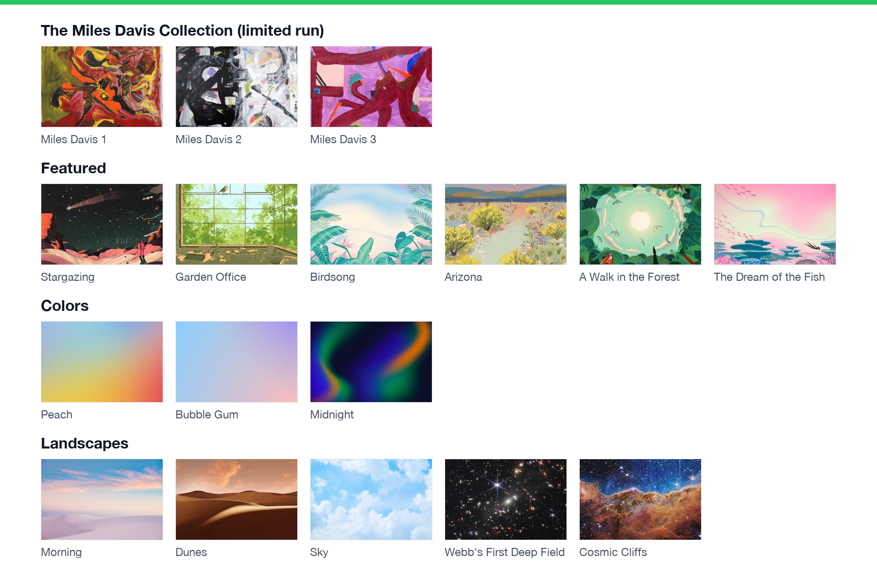 All 17 Slack huddle themes by group: The Miles Davis Collection, Featured, Colors and Landscapes