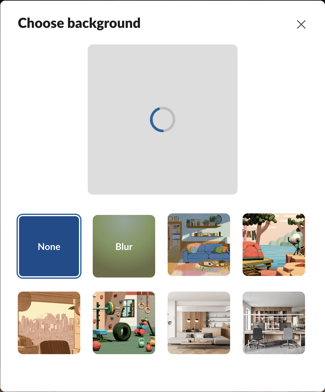 Slack's Choose background window for huddles: None, Blur, Living Room, Remote Work, Tokyo Sight, Gym, Home and Office