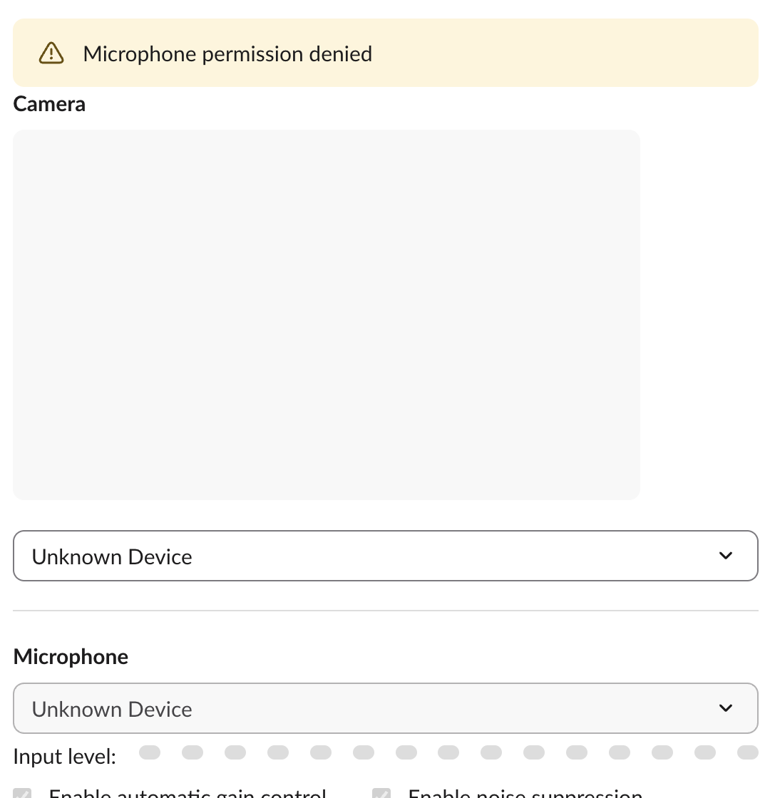 Slack Preferences, Audio & video, with a yellow Microphone permission denied banner, an empty camera preview and Unknown Device in the camera and microphone menus