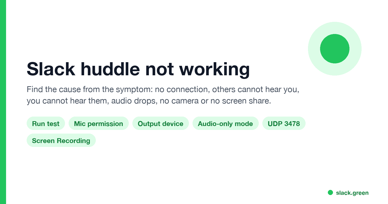 Slack huddle not working: run test, mic permission, output device, audio-only mode, UDP 3478, Screen Recording