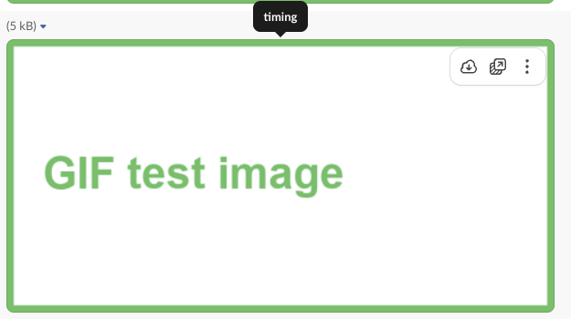 Slack web: a GIF shown through slack_file, with a tooltip of its alt text and a hover menu with download, share and more buttons