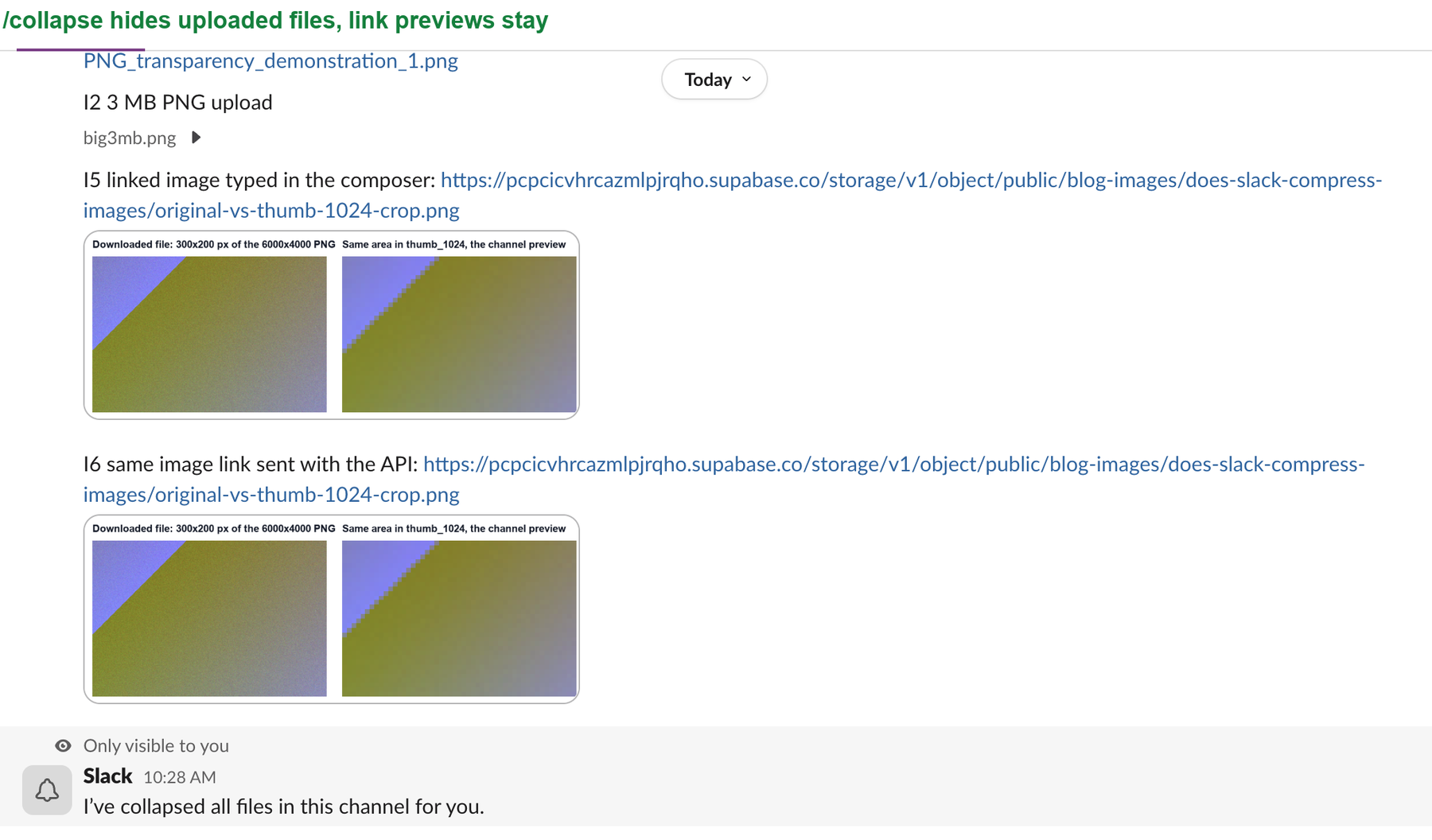 A Slack channel after /collapse. The 3 MB PNG upload shows only as big3mb.png with an arrow, two link previews below it still show their images, and a message only visible to you says I have collapsed all files in this channel for you