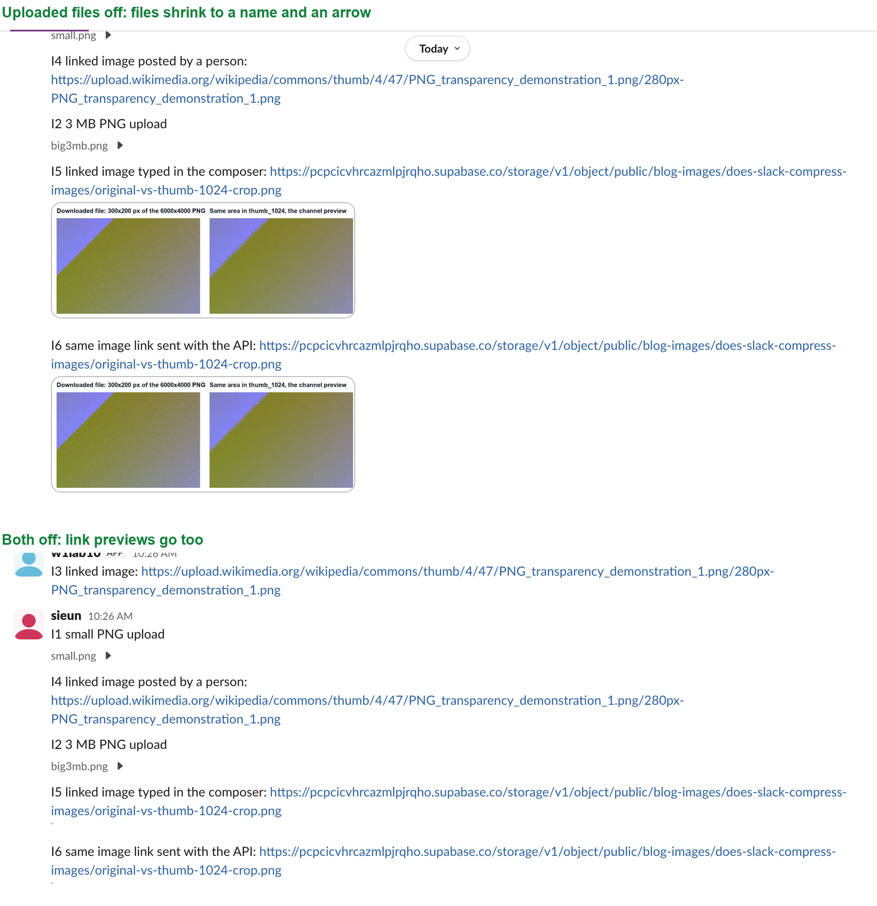 Two views of the same Slack channel. With Show images uploaded to Slack turned off, the uploaded PNGs shrink to a file name and an arrow while link previews still show. With both image settings off, every image is gone and only names and links remain