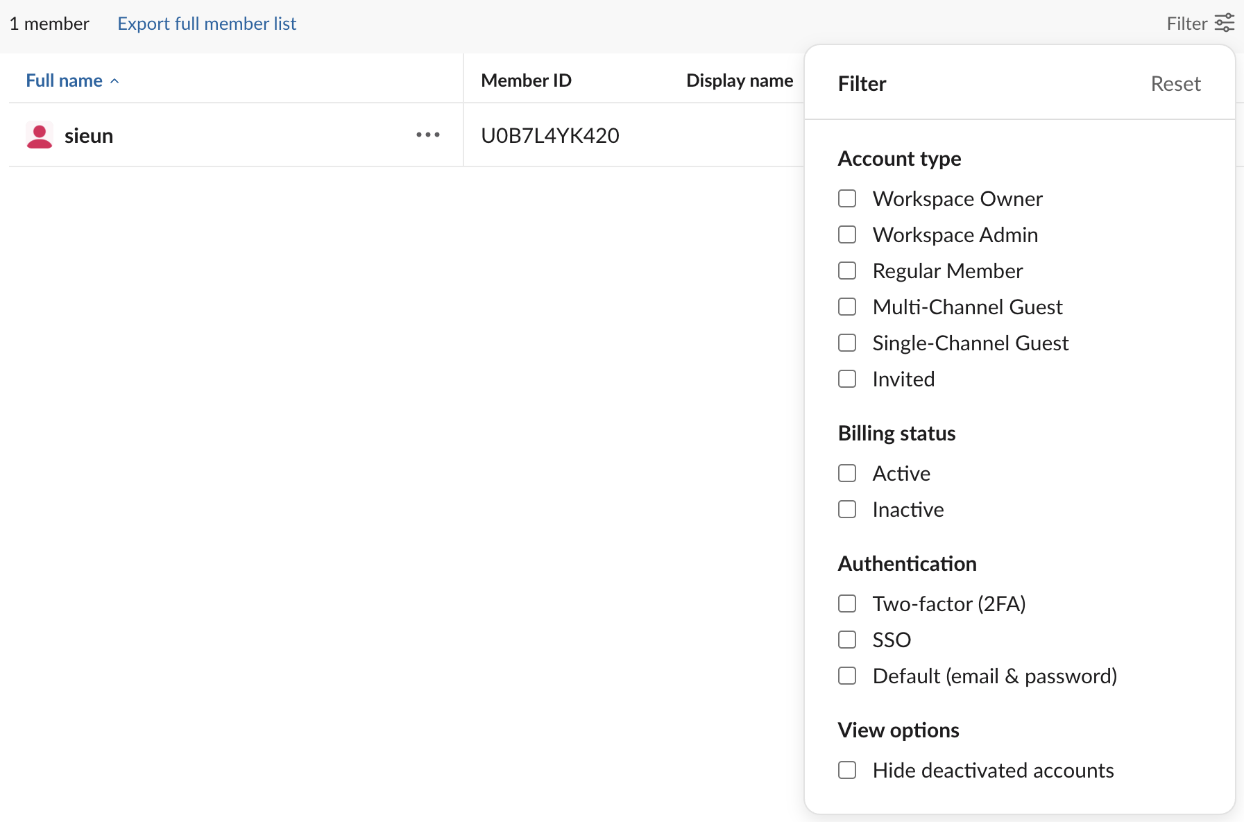 Slack Manage members page with the filter open: Account type, Billing status Active and Inactive, Authentication, Hide deactivated accounts