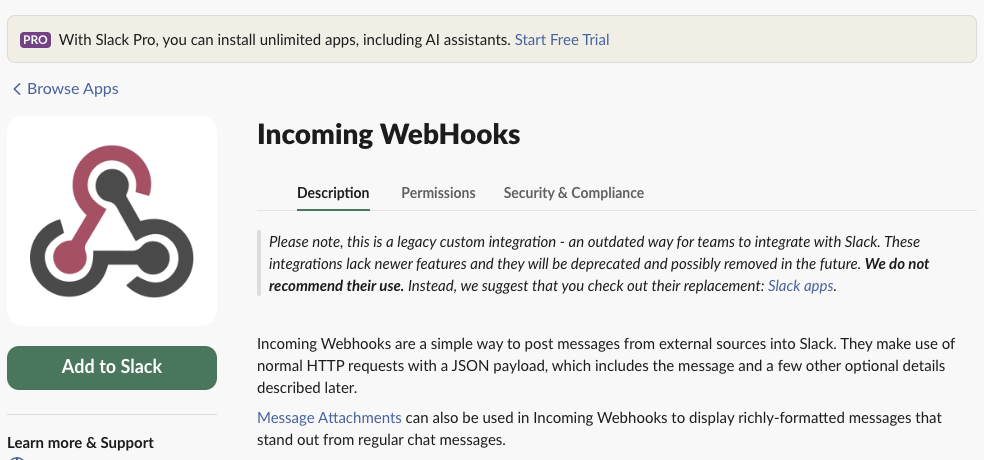 Slack Marketplace page for Incoming WebHooks with the notice: 