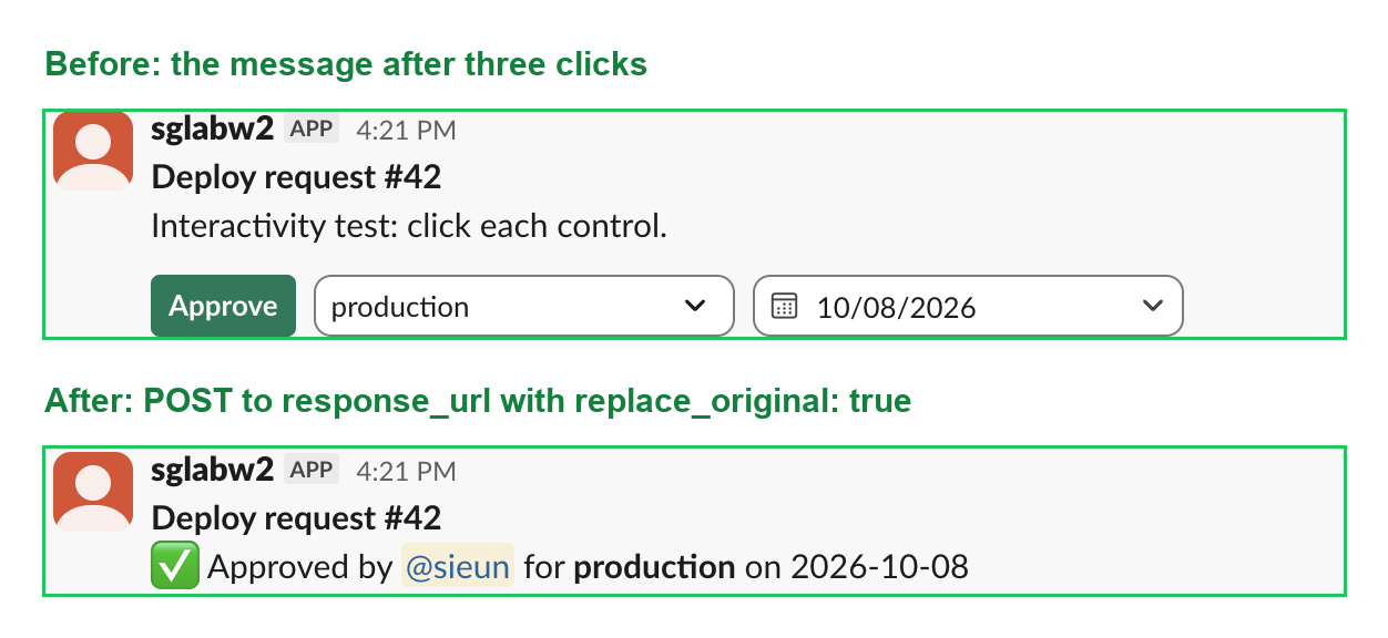 The deploy request message before, with Approve, production and 10/08/2026 selected, and after, replaced by an Approved line