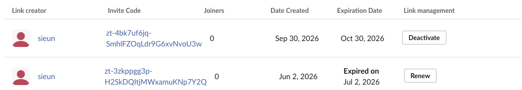 Slack Invitations admin page listing an active invite link that expires Oct 30, 2026 and an older link marked Expired on Jul 2, 2026 with a Renew button