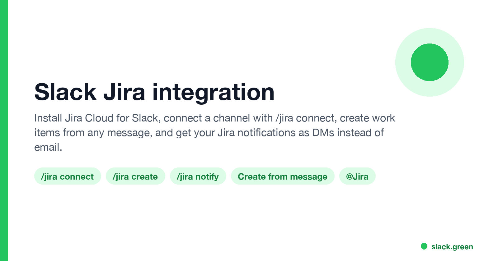 Slack Jira integration: /jira connect, /jira create, /jira notify, create from message, @Jira