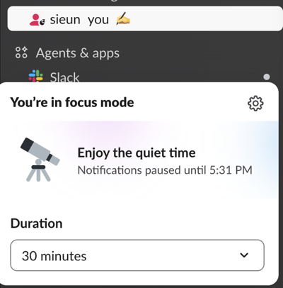 Focus mode on while a custom status is set: the status stays next to the name