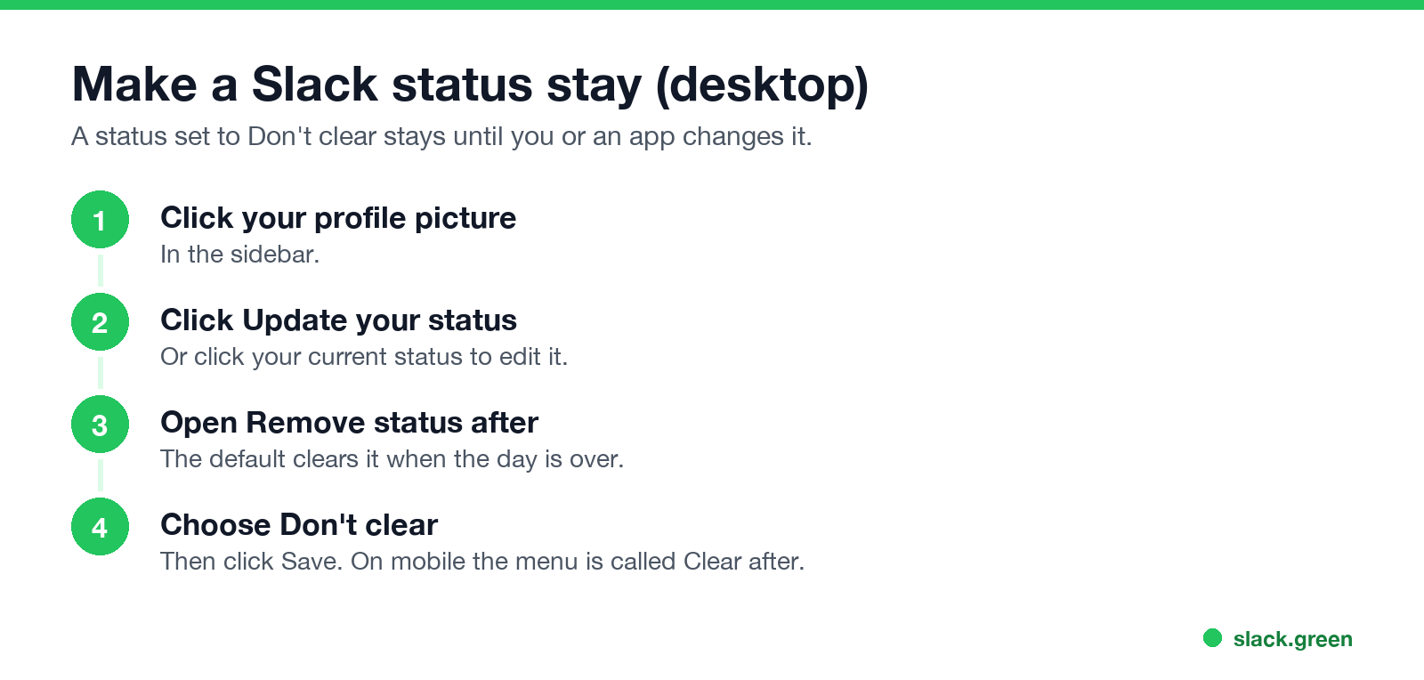 Four steps to make a Slack status stay: profile picture, Update your status, Remove status after, Don't clear