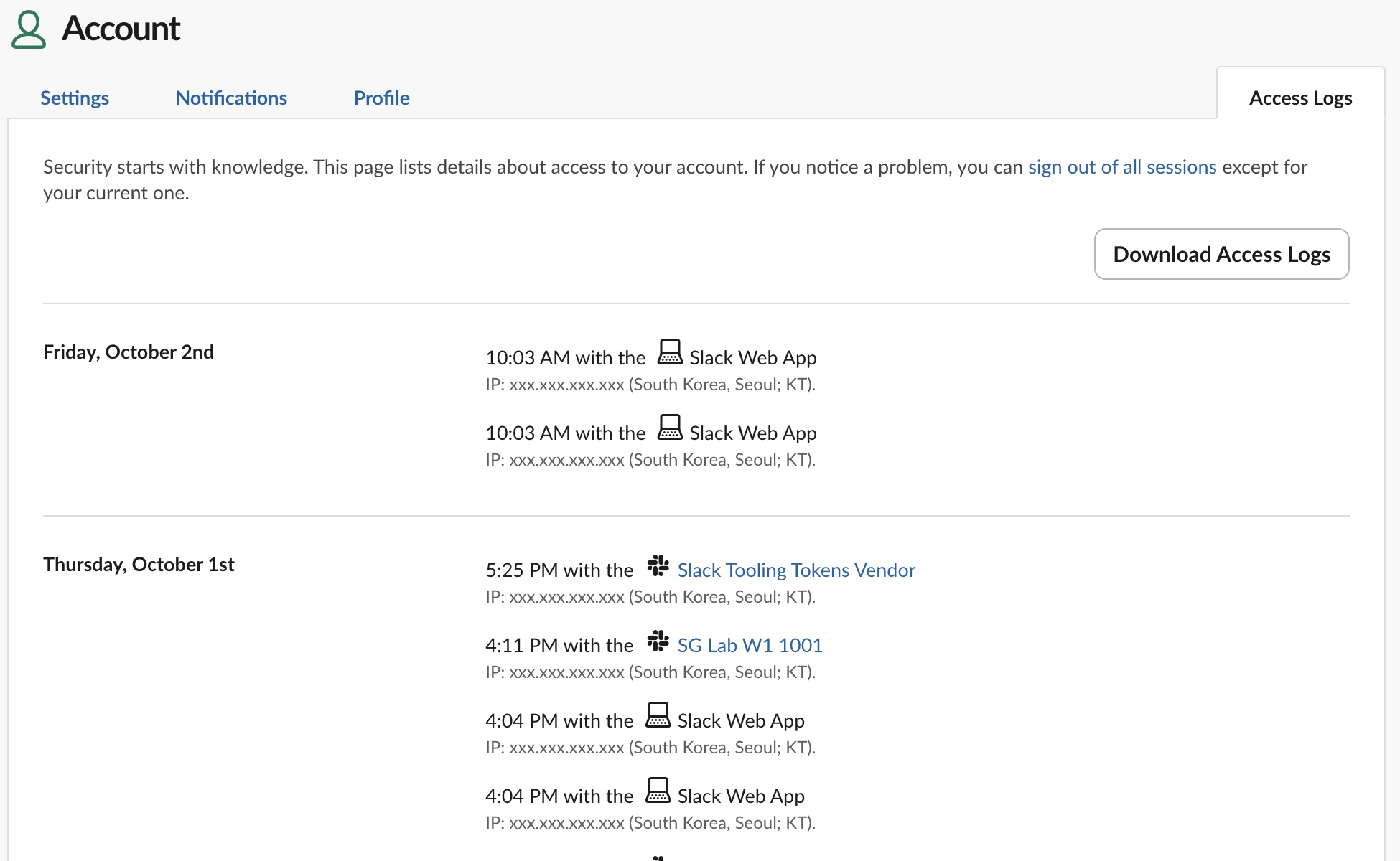 Slack Access Logs page listing sign-ins by time, app name and location, with IP addresses hidden