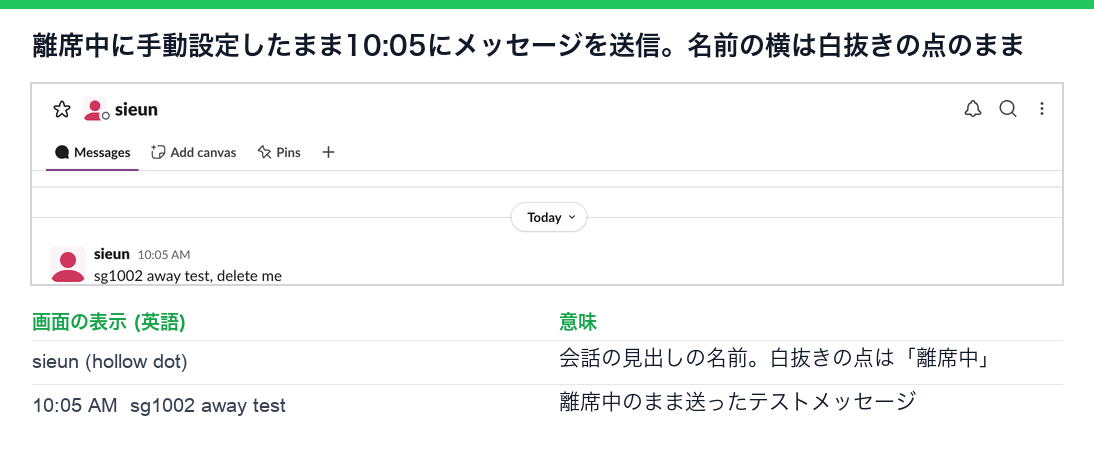 離席中のまま10:05に送ったメッセージ。会話の見出しの名前の横は白抜きの点のまま