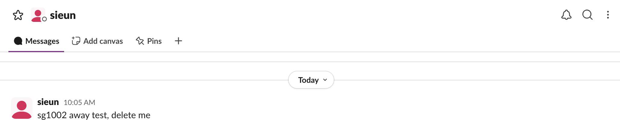 A message sent at 10:05 while manually away: the hollow dot next to the name stays in the conversation header