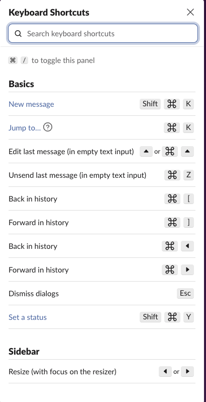 Slack's own Keyboard Shortcuts panel, opened with Cmd+/ in the web app: New message Shift Cmd K, Jump to Cmd K, Set a status Shift Cmd Y
