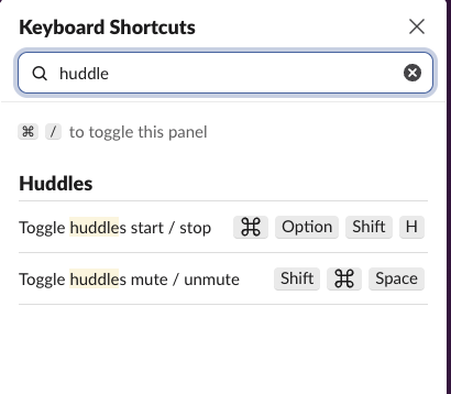 huddle로 필터링한 Slack 단축키 패널. 허들 시작과 종료 Cmd Option Shift H, 음소거 Shift Cmd Space