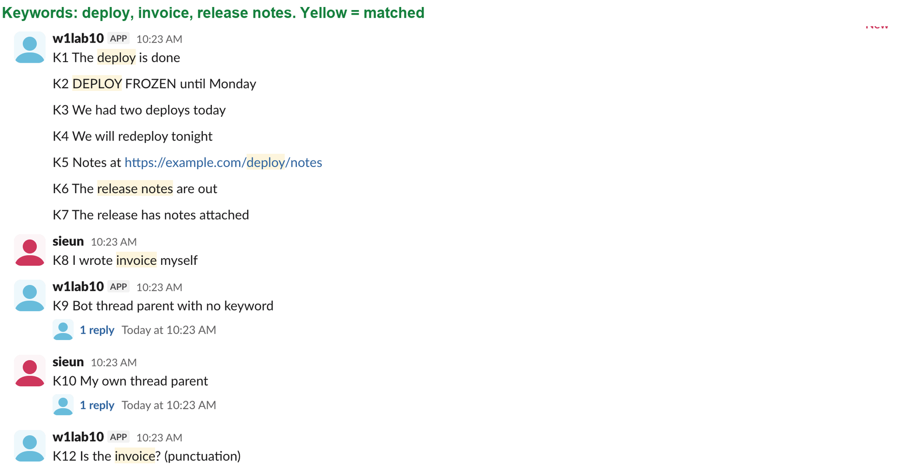 A Slack test channel with bot messages. The words deploy, DEPLOY, deploy inside a link, release notes and invoice are highlighted in yellow. The words deploys, redeploy and the split phrase release has notes are not highlighted
