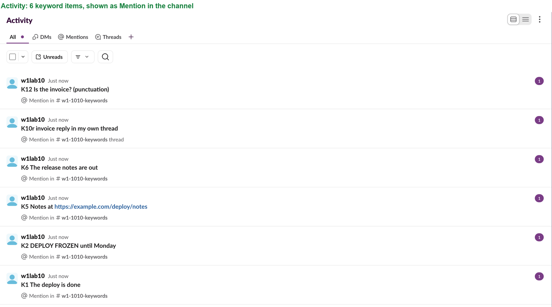 Slack Activity feed listing six bot messages, each marked Mention in w1-1010-keywords, one of them in a thread. Each row has a purple unread count of 1