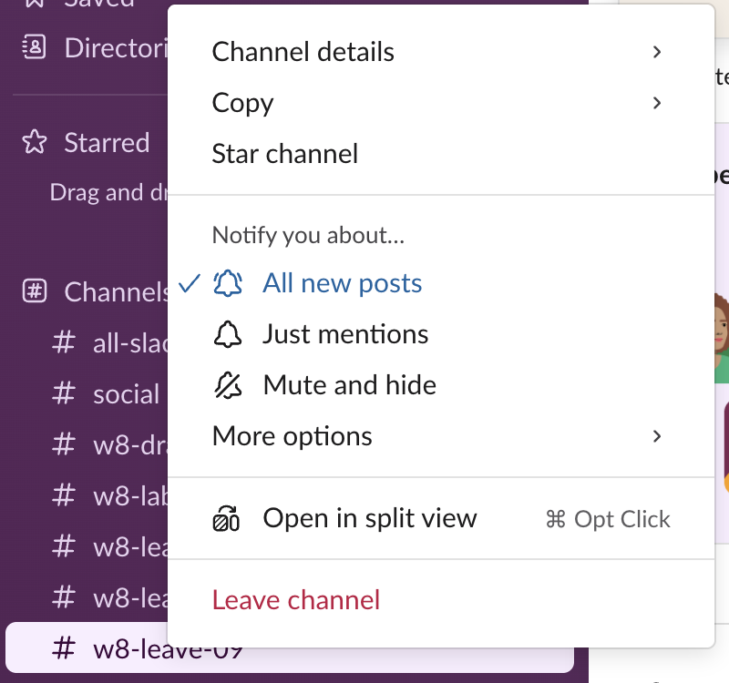 The menu after right-clicking w8-leave-09 in the Slack sidebar: Channel details, Copy, Star channel, notification choices, Open in split view, and Leave channel in red at the bottom