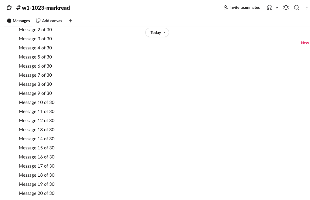 Channel w1-1023-markread opened under Start me where I left off. The view starts at Message 2 of 30 and Message 3 of 30, then a red line labelled New, then Messages 4 to 20