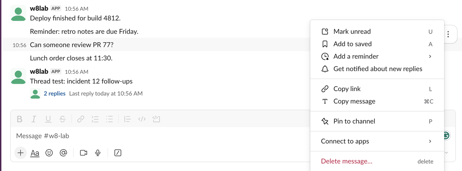 The More actions menu on a message in Slack web, with Mark unread at the top and the letter U as its shortcut, above Add to saved, Add a reminder, Copy link, Pin to channel and Delete message