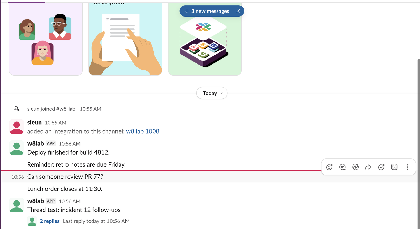 A Slack channel right after an Option-click: a red New line sits above the message Can someone review PR 77, and a blue pill at the top reads 3 new messages