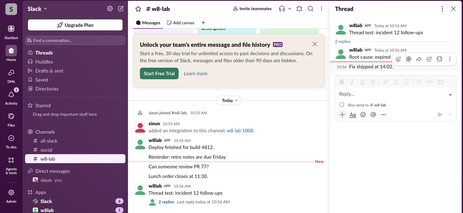 Slack web with a thread panel open: a red New line sits above the reply Fix shipped at 14:02, and Threads in the sidebar is in bold